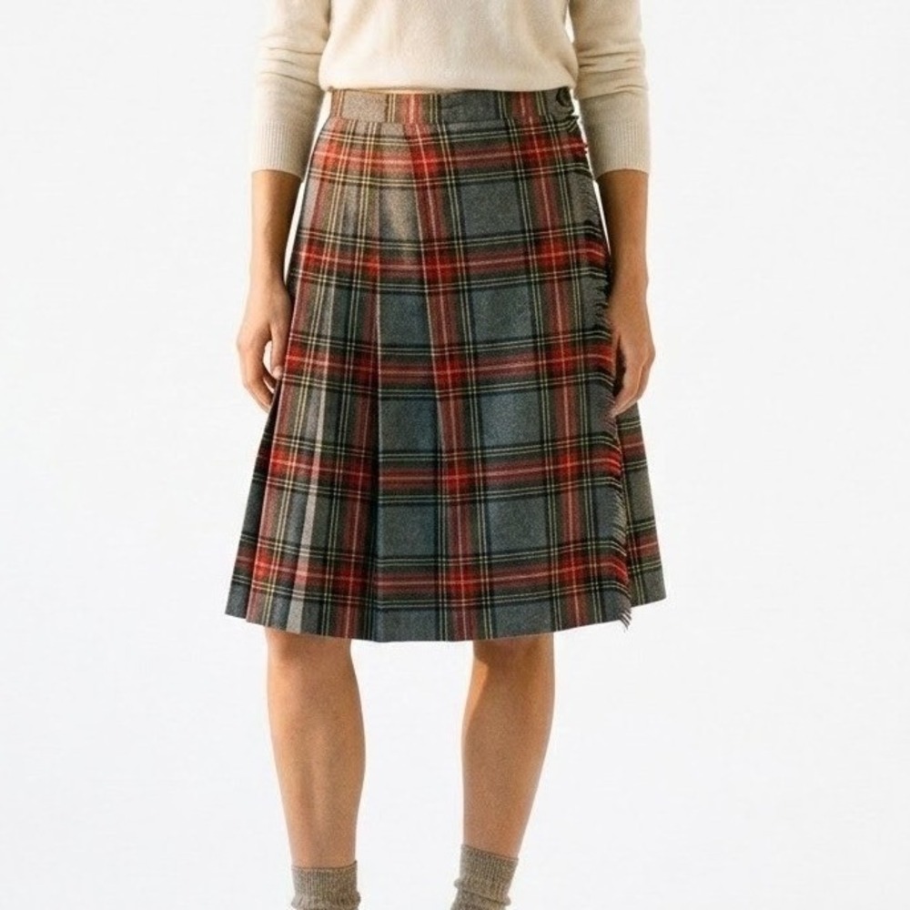 Vintage Wrangler Juniors Plaid Kilt Wrap Skirt Gray Red Wool Blend Pleated 9 USA